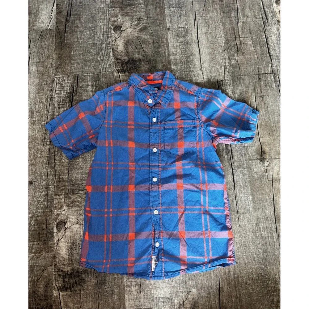 OshKosh Bgosh Boys Blue Orange Plaid Short Sleeve Button Down Shirt Size 10